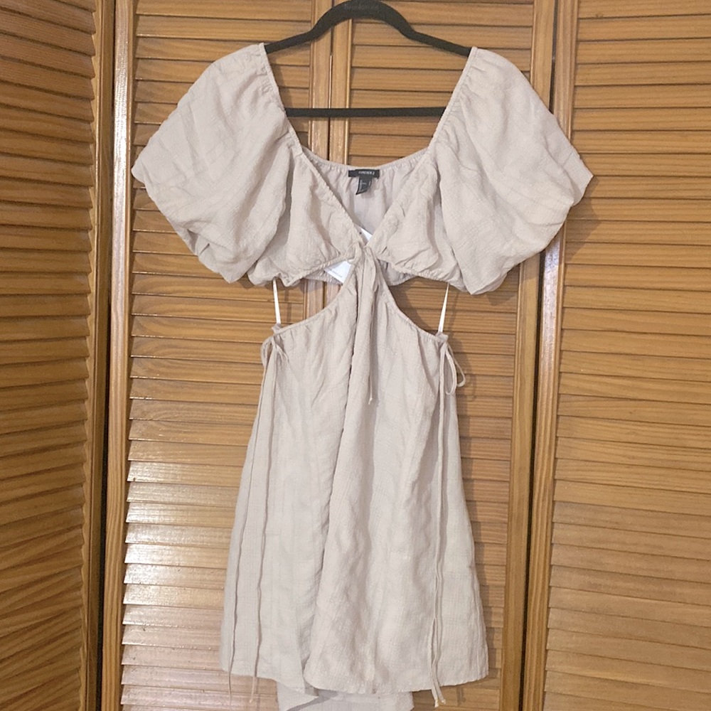 Forever 21 Beige Puff Sleeve Mini Dress with Cutouts